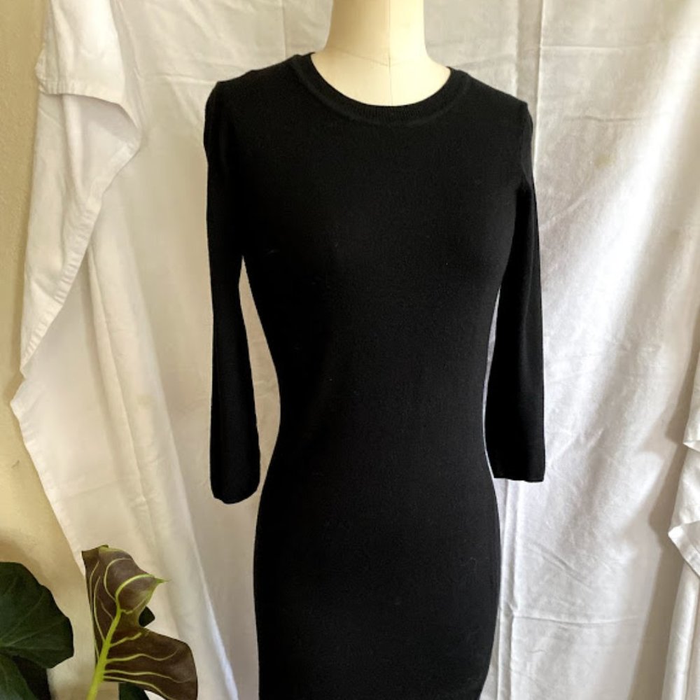 H&M Basic Black Fitted Knit Midi Dress Long Sleeve Crew Neck | S